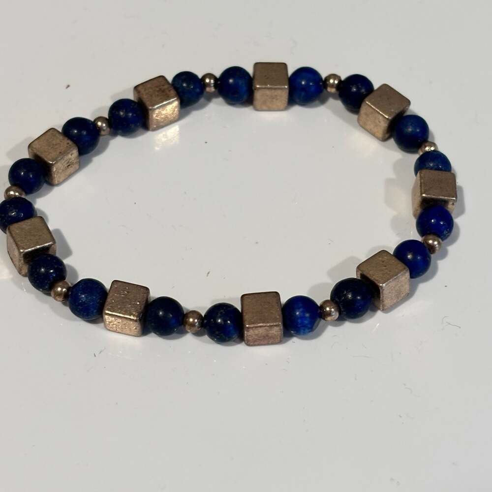 Lapis Lazuli and Metal Cube Beaded Bracelet